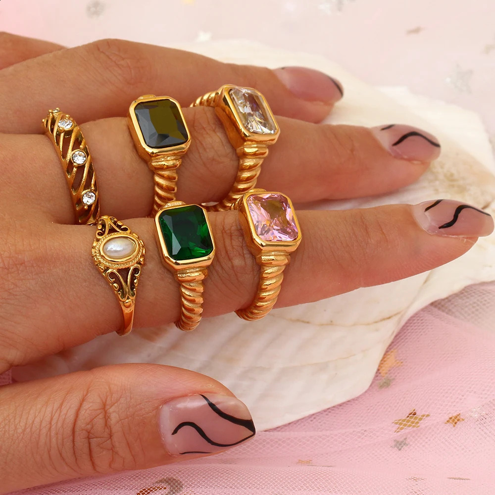 EBbelle Christmas Jewelry Texture Engraved Side Rectangle 3A Zircon Stone Rings For Women Stainless Steel Gold Gem Ring 250624