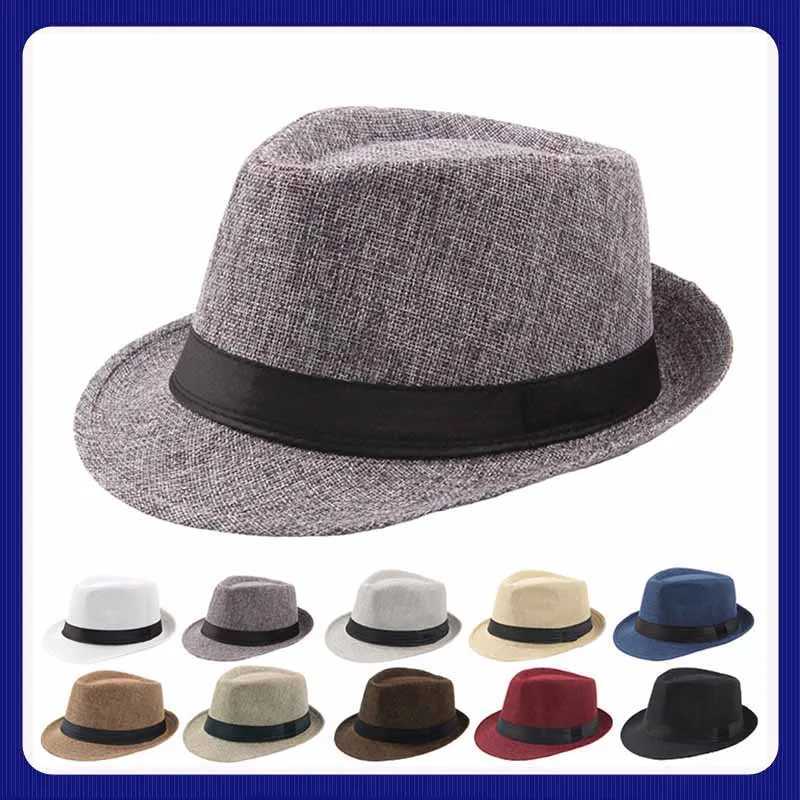 Hot Fashion Summer Casual Unisex Beach Trilby Wide Brim Jazz Sun Hat Panama Hat Paper Straw Women Men Cap With Black Ribbon Y250707