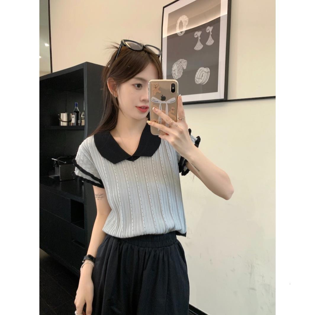 2025 Summer New Women's T-shirt French Wave Edge Color blocked Short Sleeve T-shirt Summer Sweet Doll Neck Top New Designer T-shirt