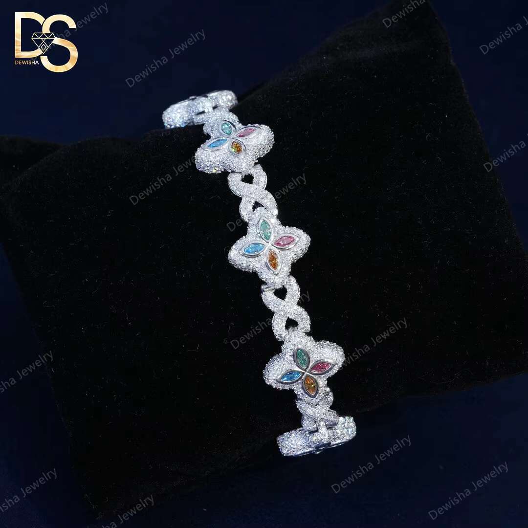 Hip Hop Jewelry 15mm Marquise Flower Design Iced Out Unisex Moissanite Cuban Link Chain 925 Silver Moissanite Bracelet