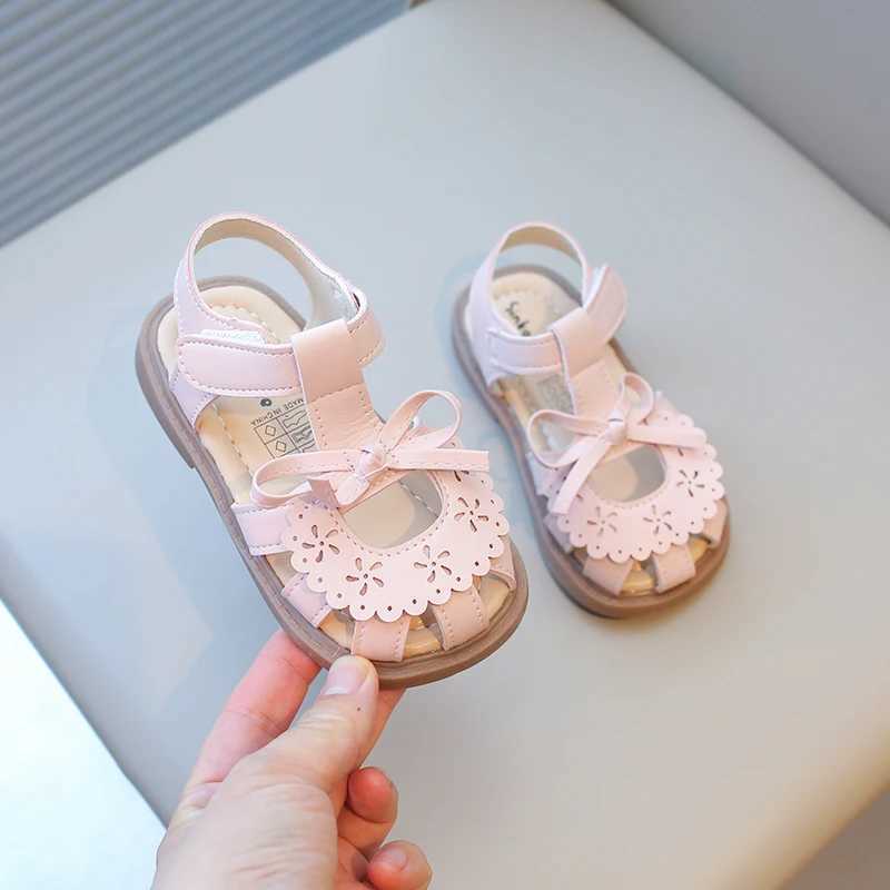 Summer Girls Sandals Hollow-out Cover Toe Floral Kids Sliders Beige Pink Sweet Pu Leather Toddler Hook-loop Children Slippers R250707