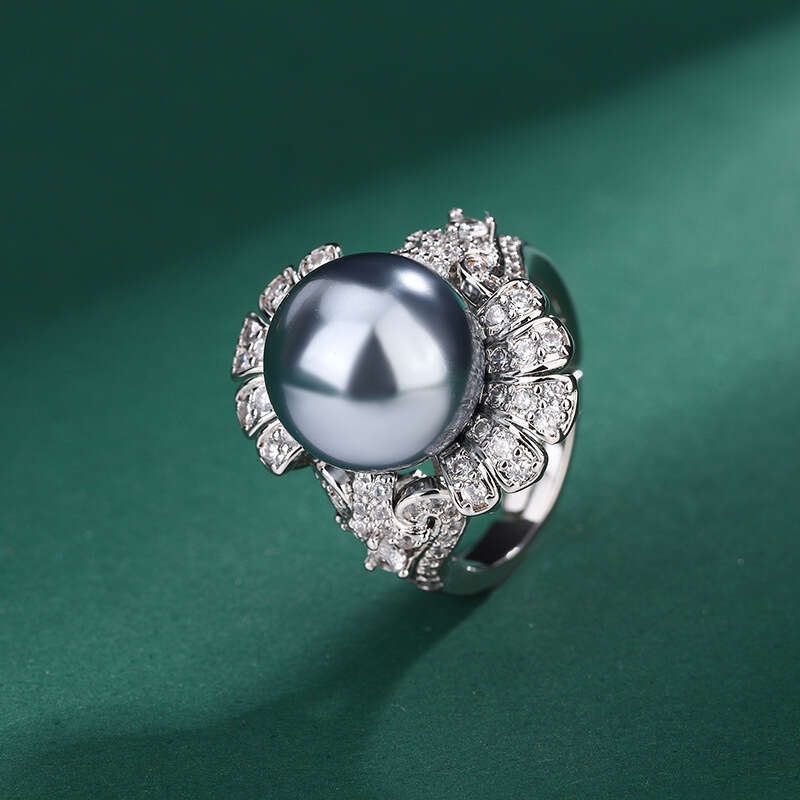Huayoumei Jewelry Imitation Natural French Style Flower Inlaid Diamond White Index Finger Yellow Shell Pearl Ring 843