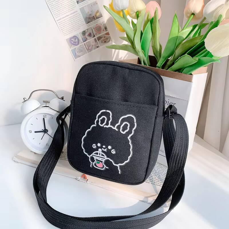 Cute Bear Rabbit Print Crossbody Bags For Women Girls Mini Canvas Square Purse Trendy Cartoon Handbags Shoulder Phone Bag New ddmynov
