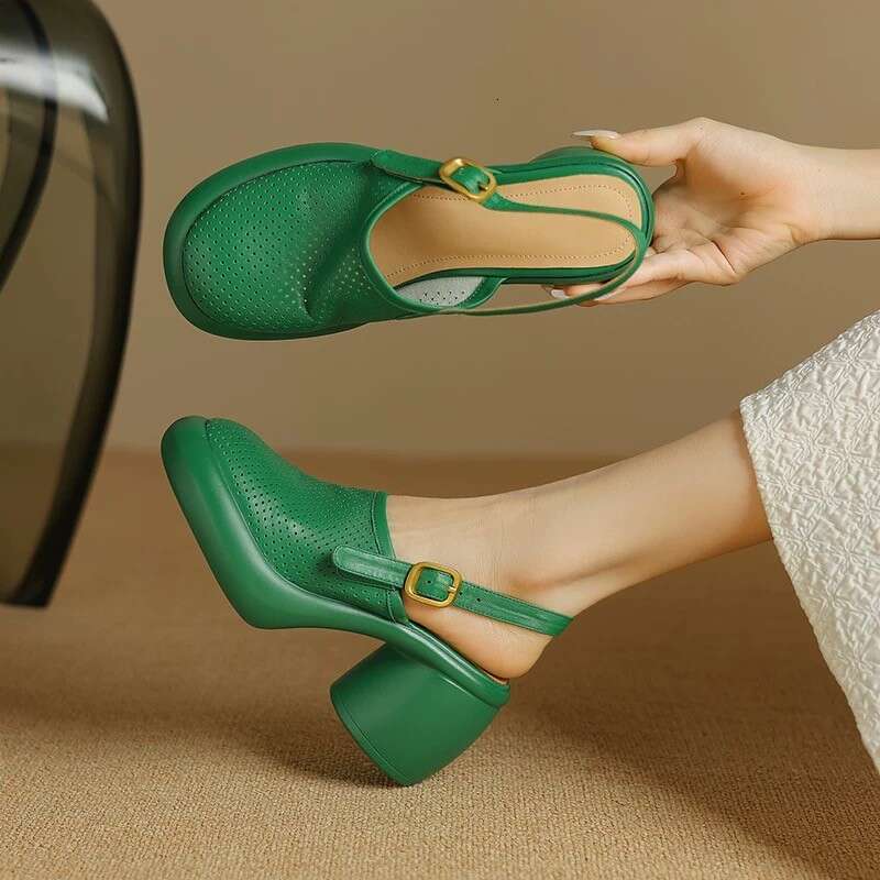 2025 Summer Peep-Toe Platform Thick-Soled Hollow Sandals with Chunky Heels, Round Toe, One-Strap Backless Roman Style Women's Shoes