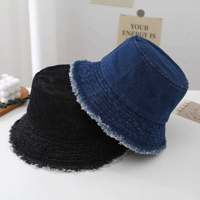 Spring and Summer New Vintage Solid Color Fringed Denim Fisherman Hat Womens Washable Versatile Face Covering Bucket Basin Hat Y250707