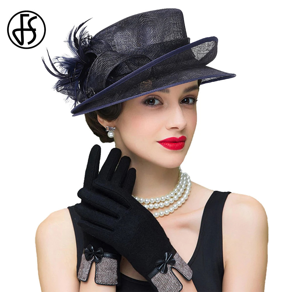 FS Sinamay Wedding Hats For Women Elegant Summer Flat Top Church Hat Navy Feather Tea Party Fascinators Fascinators 250707