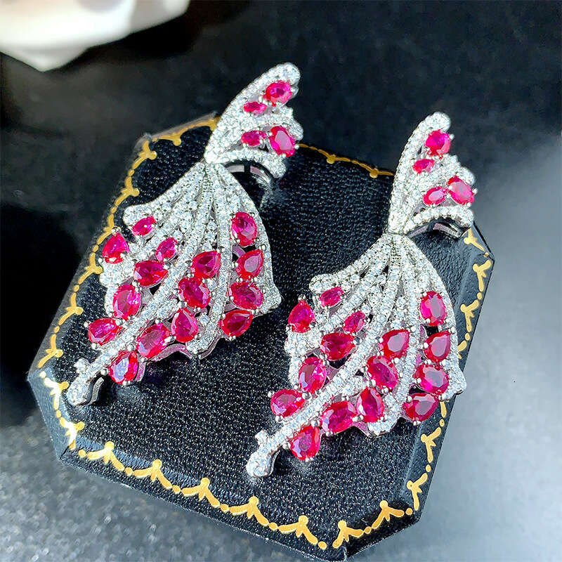 Autumn Winter New Fashion Fan-Shaped Flower Red Corundum Micro-Inlaid Zircon Earrings For Women Wholesale 472