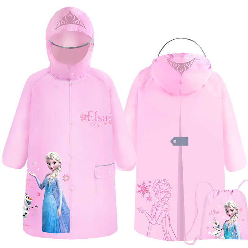 Disney Boys and girls raincoat Elsa princess backpack with large brim reflective strip design for night safety on large raincoat backpack position Com