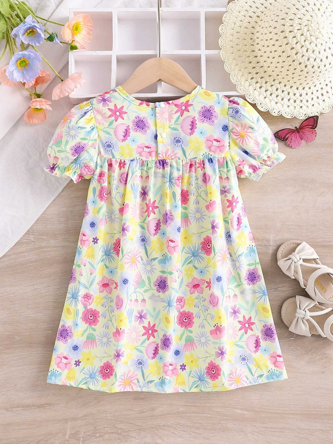 Small Floral Girls Summer Dress Thin Childrens Dress Puffed Sleeves Summer Girls Short-Sleeved Cute Floral Dress R250707