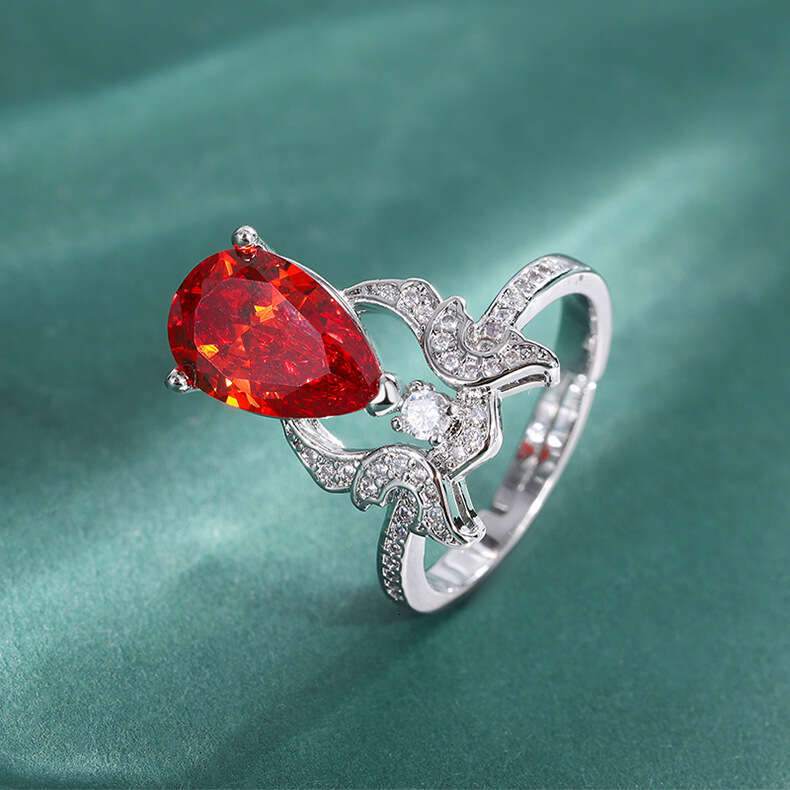 Red Colorful Gemstone Zircon High Carbon Diamond Water Drop Shape Imitation Tourmaline Ring 75E