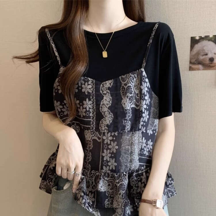 Plus Size Fake Two-Piece Camisole Round Neck Short Sleeve Women's Summer Design Loose Slimming Elegant Floral Top B5