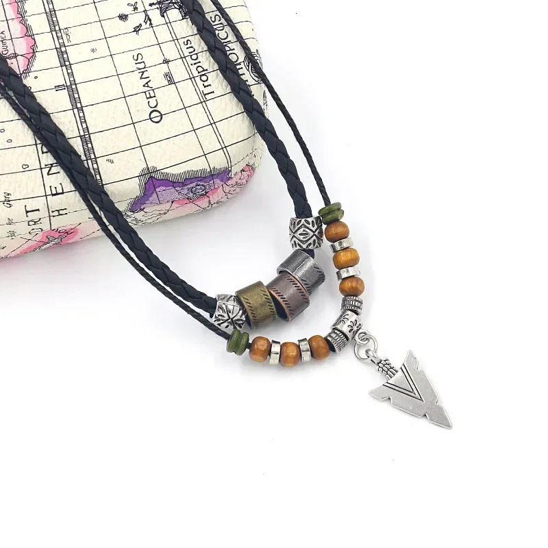 Stacked Artificial Leather Rope Beaded Necklace Men Vintage Layered Tribal Pendant For Jewelry Collar Hombre 250704