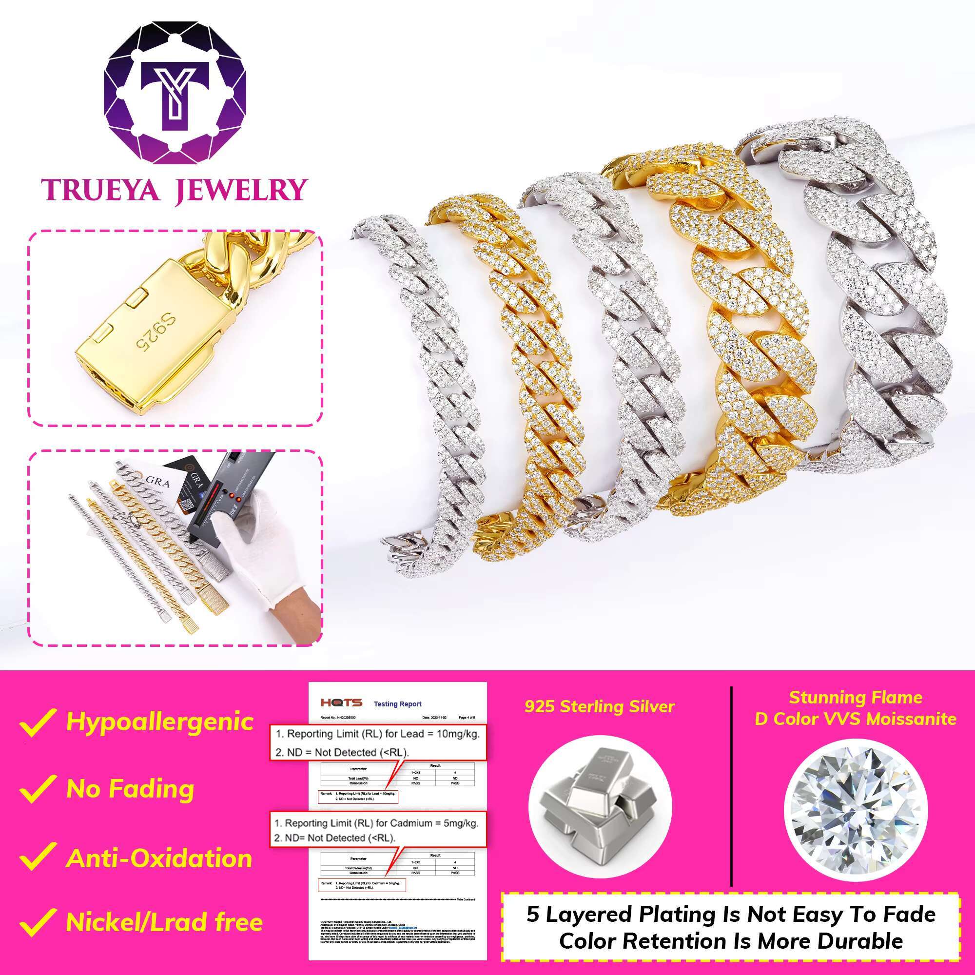 Wholesale Custom High Quality Men Hip Hop Jewelry 8-20mm Vvs Diamond Mossanite Moissanite 925 Silver Cuban Link Chain Bracelet