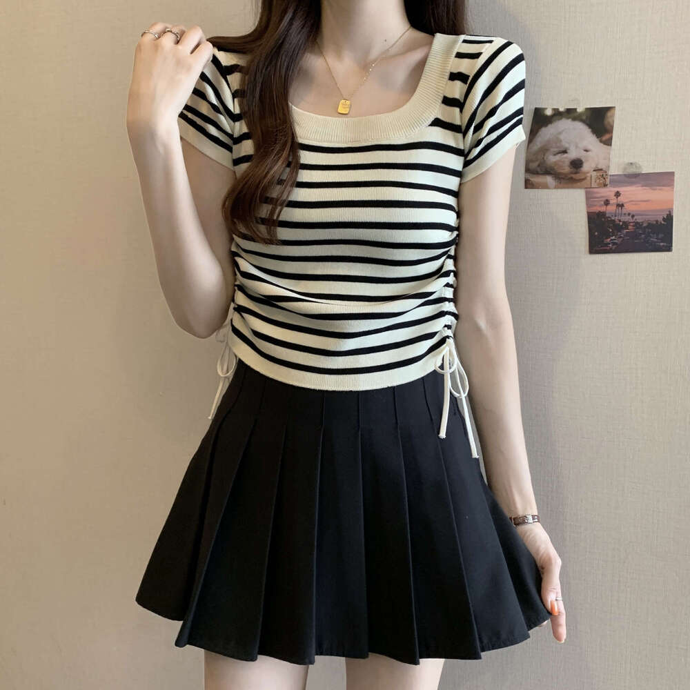 Striped Sleeve Ice Silk T-Shirt For Women Summer Loose Slimming Design Short Drawstring Versatile Top Square Neck Blouse B5