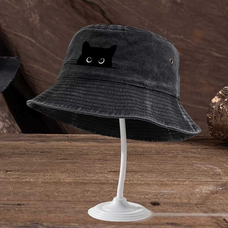 Tsute Black Cat Print Pattern Fisherman Hat With Vintage Style Suitable for Outdoor Travel for Men and Women Y250707
