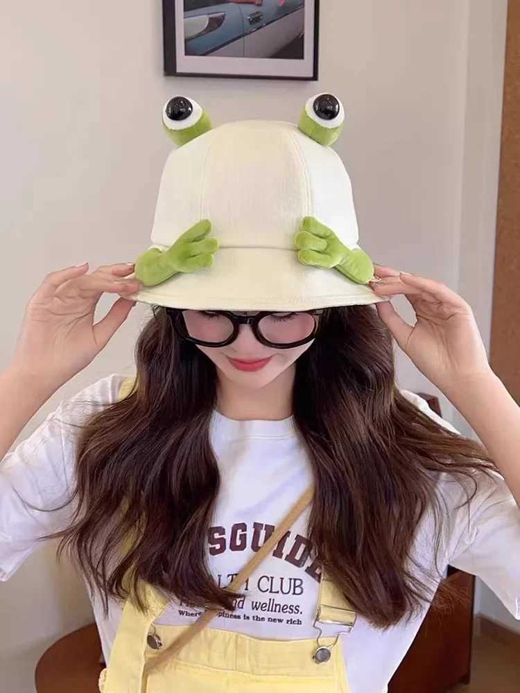 2025 New Cute Big Eyes Frog Bucket Hats Outdoor Foldable Sun Fishing Cap Women Lady Summer Cotton Wild Panama Hats Y250707