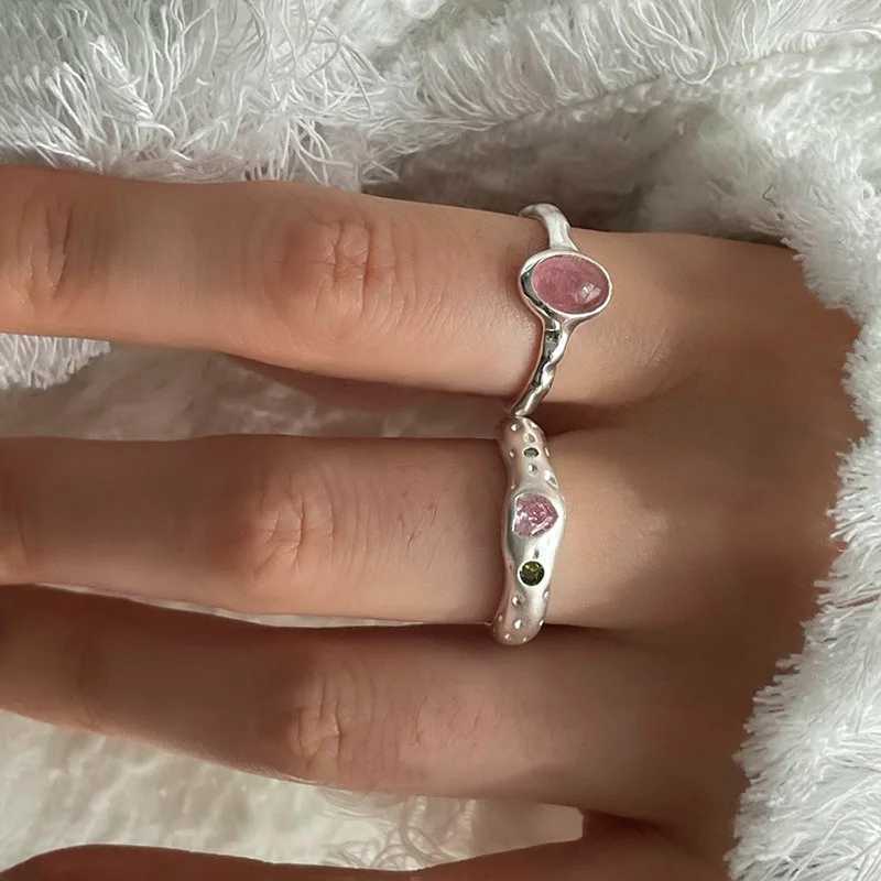 925 Sterling Silver Simple Retro Pink Stone Rings For Women Geometric Fashion Simple Open Handmade Allergy Party Jewelry Gift XJ250707