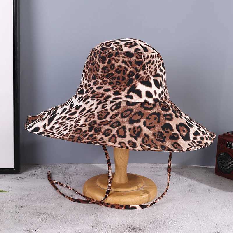 Vintage Full Version of Leopard Print Big Eaves with Rope Fisherman Hat Windproof Shade Suitable for Ladies Outing Photo Play Y250707