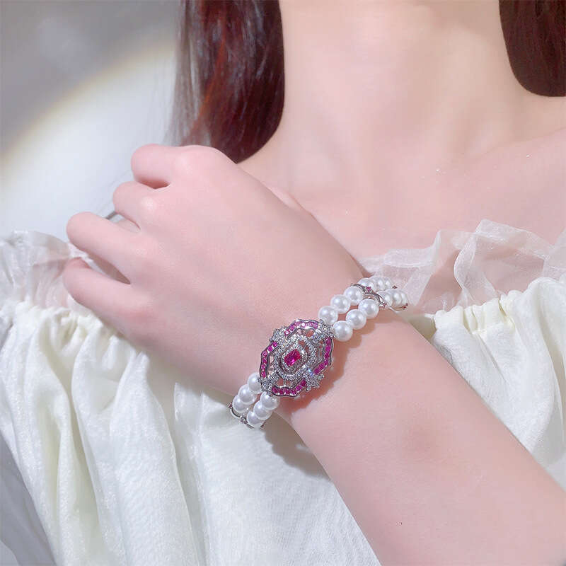 Huayoumei Double Row Pearl Red Corundum Blue Topaz Square Inlaid Bracelet Y546 A66