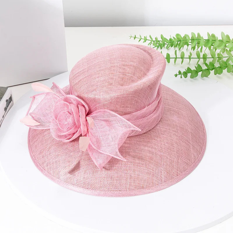 y Blue Sinamay Church Hat For Women Elegant Feather Wedding Bridal Bowler Hats Cocktail Party Derby Cap Chapeau Femme 250707