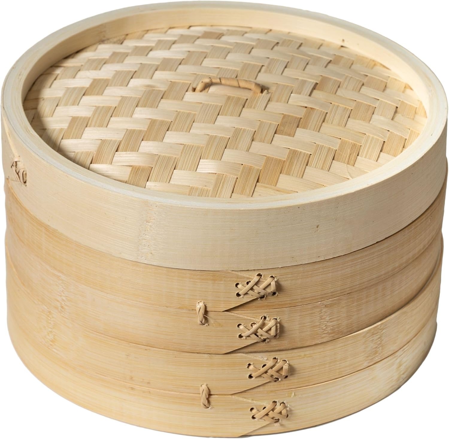 10 Inch 2-Tier Natural Bamboo Steamer - Reinforced Handle & Liner for Dumplings, Dim Sum, Buns | Traditional Chinese/Japanese Steamer Basket for Veget