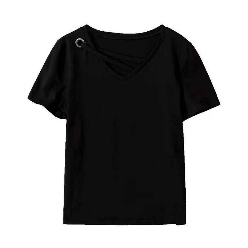 2025 Summer new women's T-shirt new Korean V-neck niche design short sleeved female student T-shirt loose plus size top new designer T-shirt