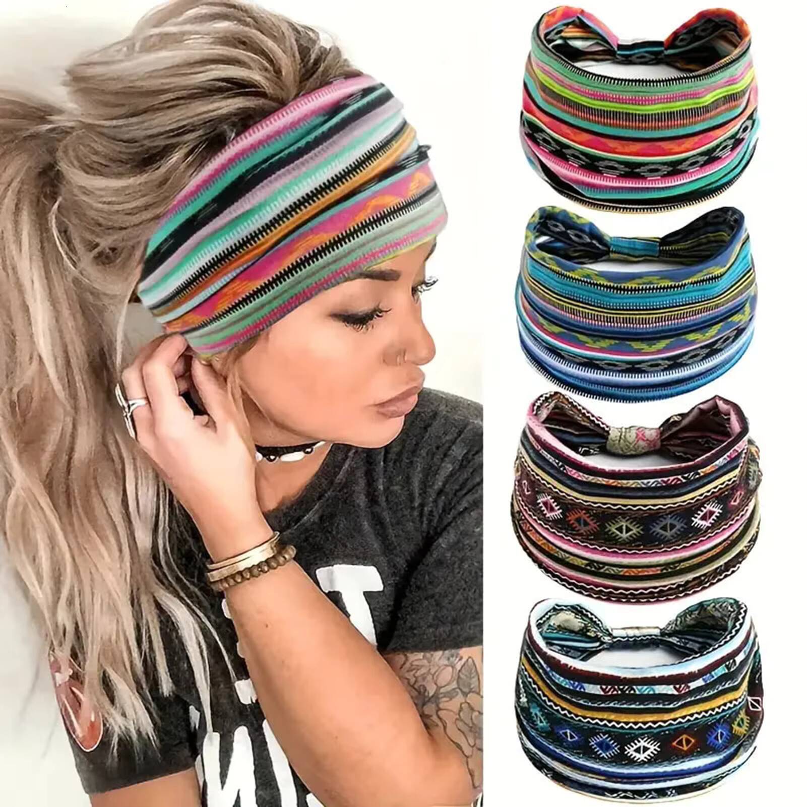 4PCS Boho Fashion Wide Headbands Sweat-absorbent Headscarf Bohemian Hair Accessories for Sports Tennis Gym Exercise MIAO-US ddmythur
