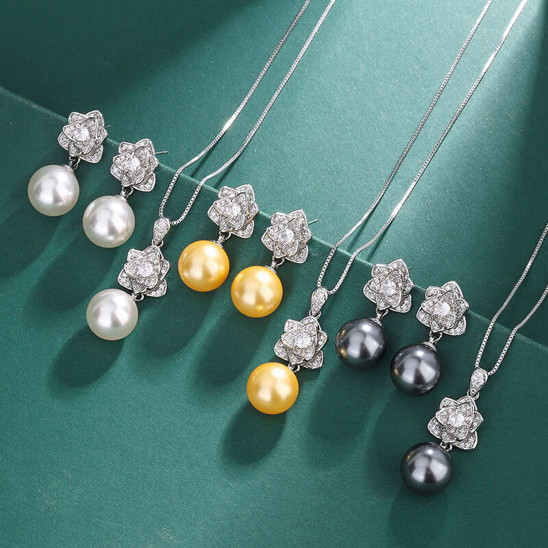 Camellia Set 12Mm Necklace New Inlaid Gray Shell Pearl Stud Earrings For Women Fashion 327