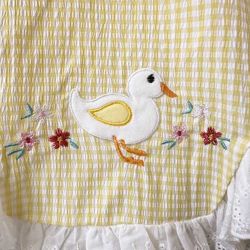 0-24M Baby Girl Summer Romper Dress Cotton Cartoon Duck Embroidery Lace Gingham Princess Sleeveless Sweet Baby Clothing R250707