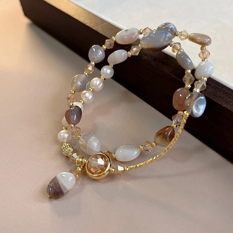Double Layered Natural Stone Beads Pearl Metal MultiElement Bracelets For Womens Summer Sweet Accessory Trend Jewelry 250707