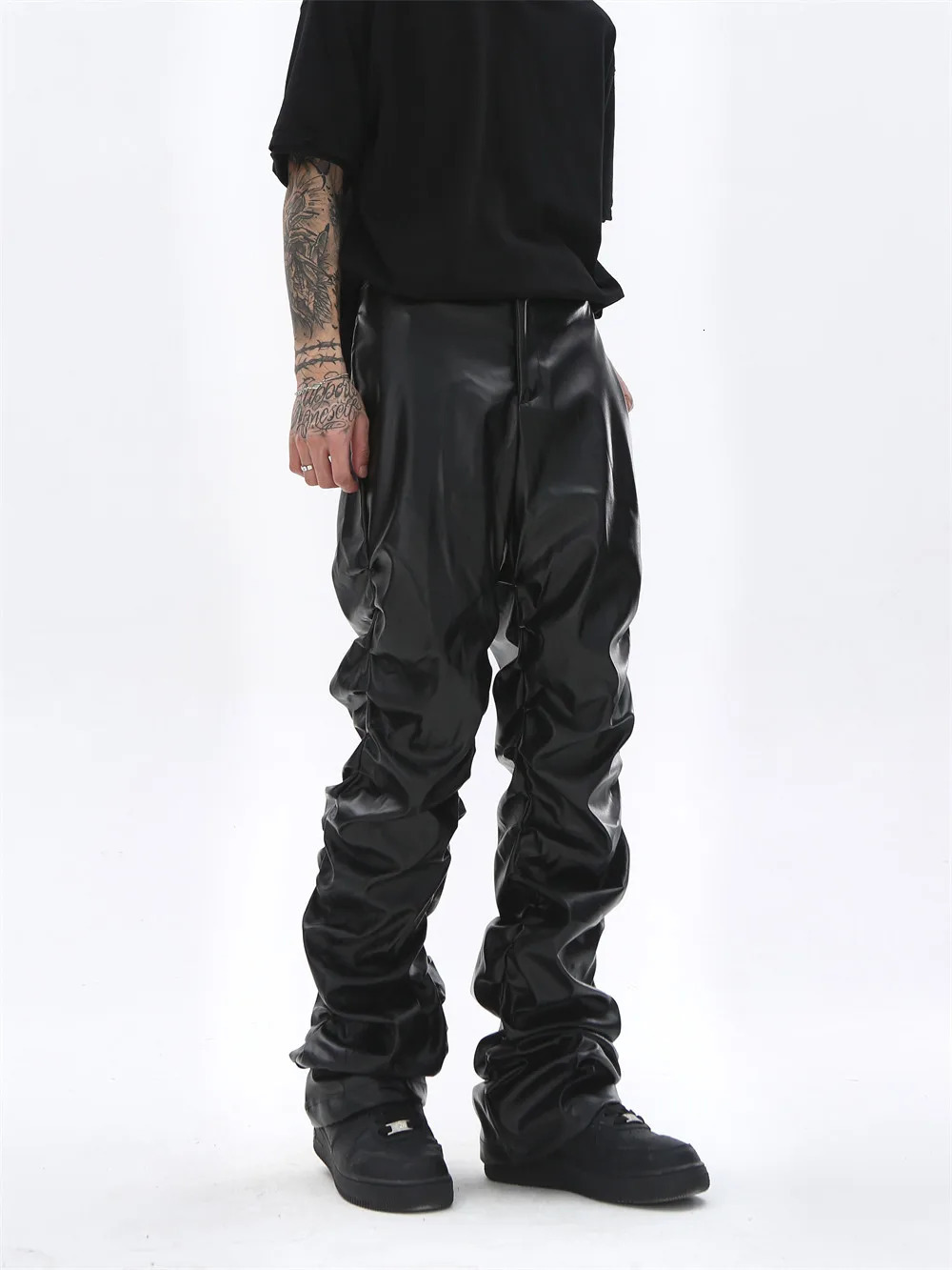 Mens Leather Pant Dark Punk Niche n Bright Pleated Pants Hiphop Loose Casual for Men 250704