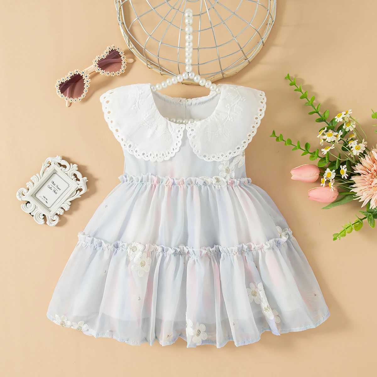 Baby Girl Summer Floral Pattern Tie-Dye Style Doll Neck Gentle Baby Dresses Cute Casual Girls Dress R250707