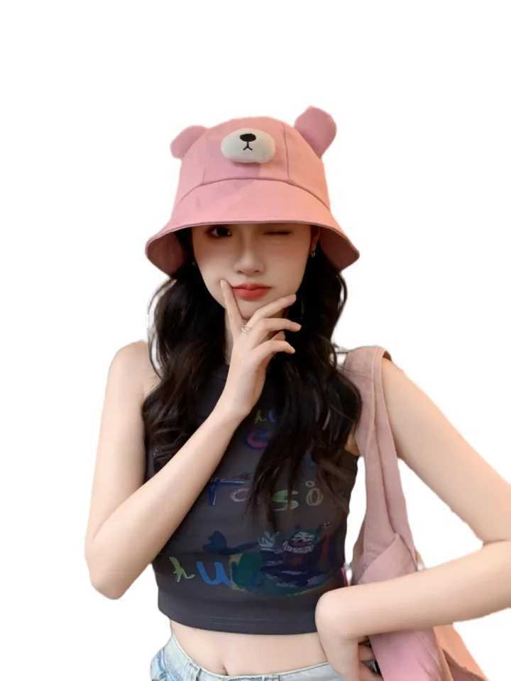 Spring Summer Bucket Hat For Women Men Cute Dog Ear Bear Nose Cartoon Fisherman Hat Outdoor Sun Hat Mountain Travel Beach Cap Y250707