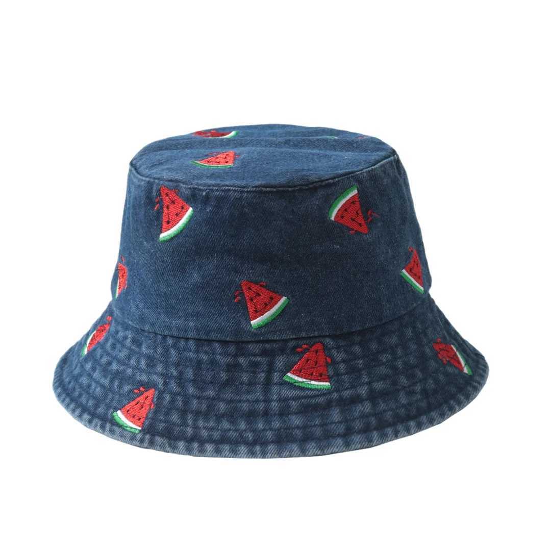 New Summer Denim Bucket Hat for Women Embroidery Watermelon Cherry Strawberry Outdoor Sunshade Fisherman Cap Men Best Matched Y250707