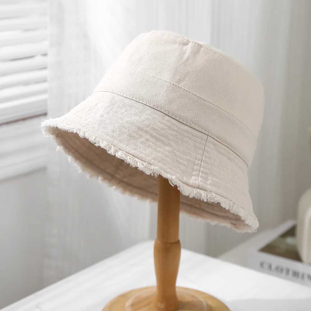 Bucket Hat Women Spring Summer Cloth Tassel Brim Flat Top Sun Hat Women Outdoor Sunshade Solid Foldable Casual New Y250707