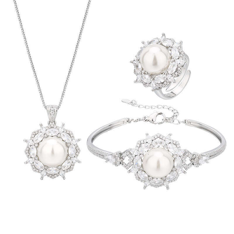 New Jewelry Tiktok Live Pearl Gemstone Set Necklace Bracelet Ring Women's High-End Versatile 178