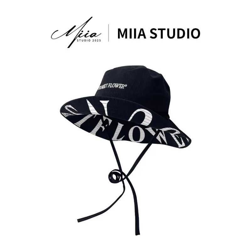 Retro Black and White Contrasting Color Design Drawstring Bucket Hats for Women Summer Sun Protection Versatile Personality Sun Hat Y250707
