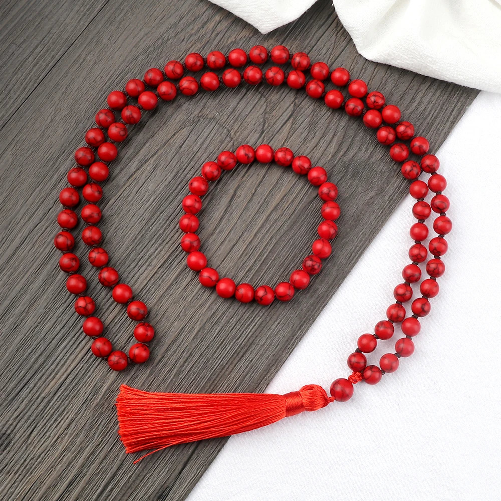 8mm Natural Black Line Red Pine Necklaces Set Fashion Handmade Knotted Tassel Pendant Charm Beaded Bracelet Yoga Spirit Jewelry 250704