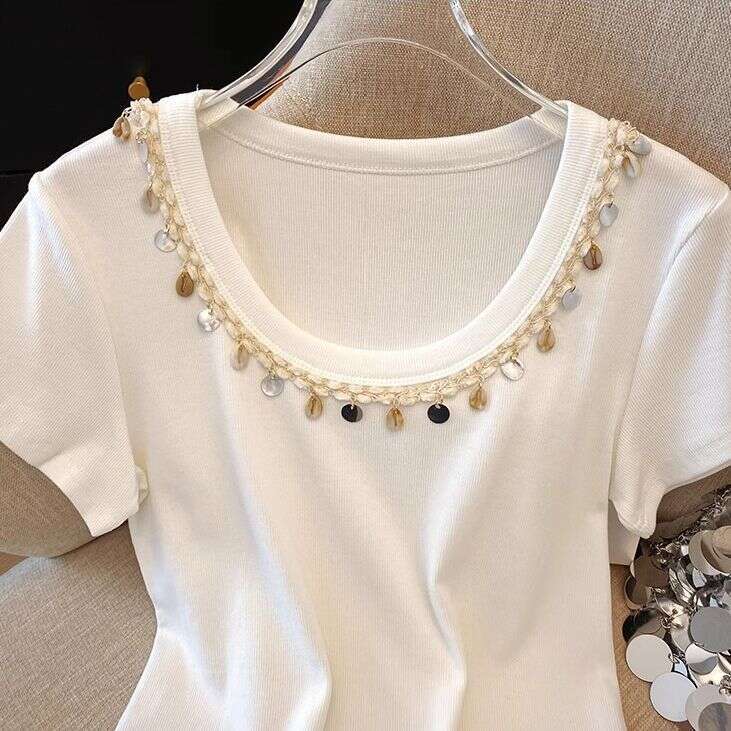 Heavy Craft Sleeve T-Shirt For Women Summer New U-Neck Slim Fit Short Top B5