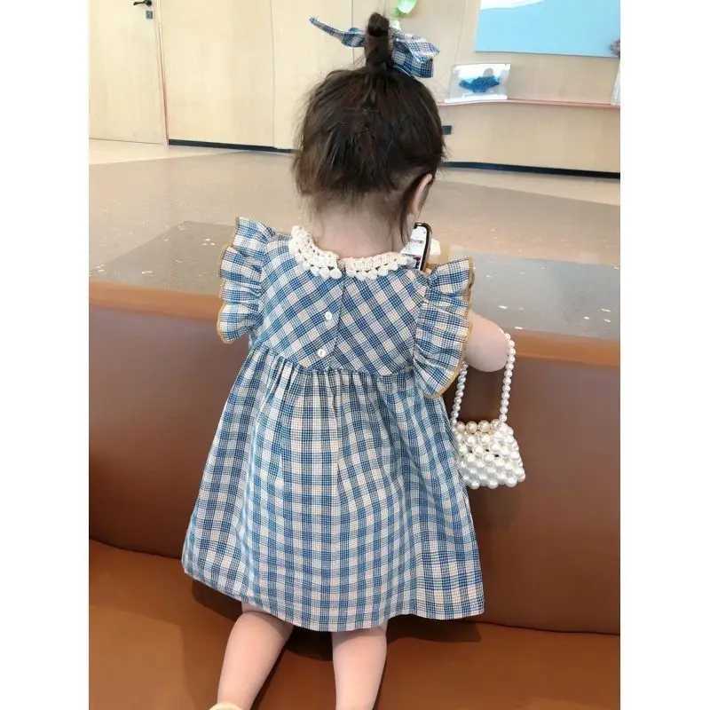 Girls Dress Summer New Fashionable Female Baby Korean Lace Plaid Dress Sleeveless Childrens Princess Dresses R250707