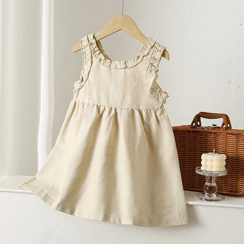 1-6 Years Solid Linen Cotton Ruffle Sleeve Kids Dresses Summer Princess Party Dress Toddler Girl A-Line Sundress Baby Girl Dress R250707