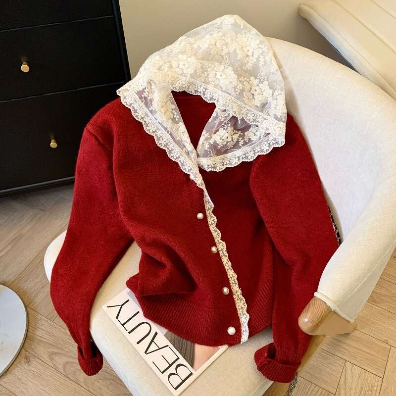 French Lace Patchwork Hooded Long Sleeve Knitted For Women Autumn Winter New Versatile Age-Reducing Slimming Sweater Top B5