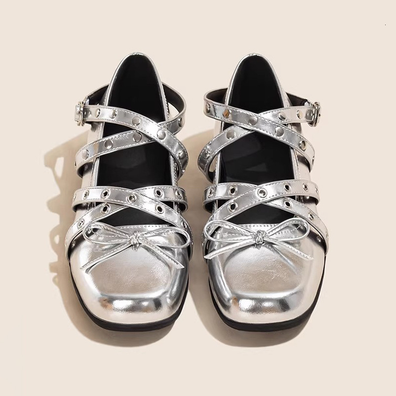 Old Meow's Shop Silver Bowknot Small Designer Single for Women Spring Summer New Height Increasing Genuine Soft Leather Shallow Mouth Square Toe 