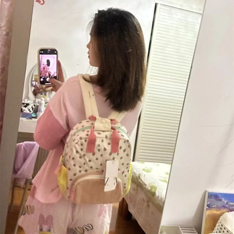 designer Xiaohongshu Hot-Selling Canvas Strawberry Backpack Girly Dopamine Color-Block Backpack Cute Casual Travel School Bag