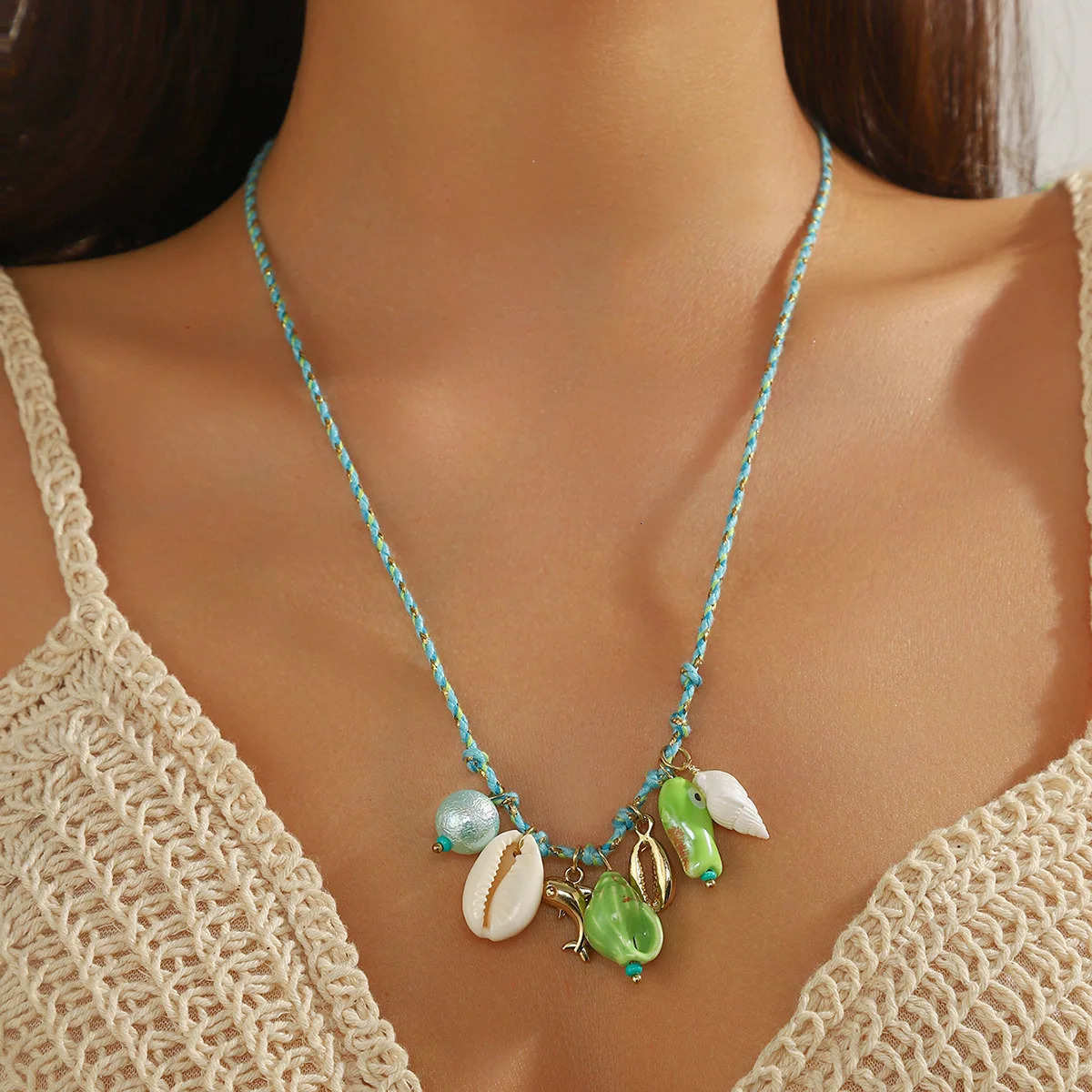 2025 Fashion Colorful Rope Woven Shell Starfish Ceramic Small Fish Pendant Necklace Womens Summer Bohemian Jewelry 250704