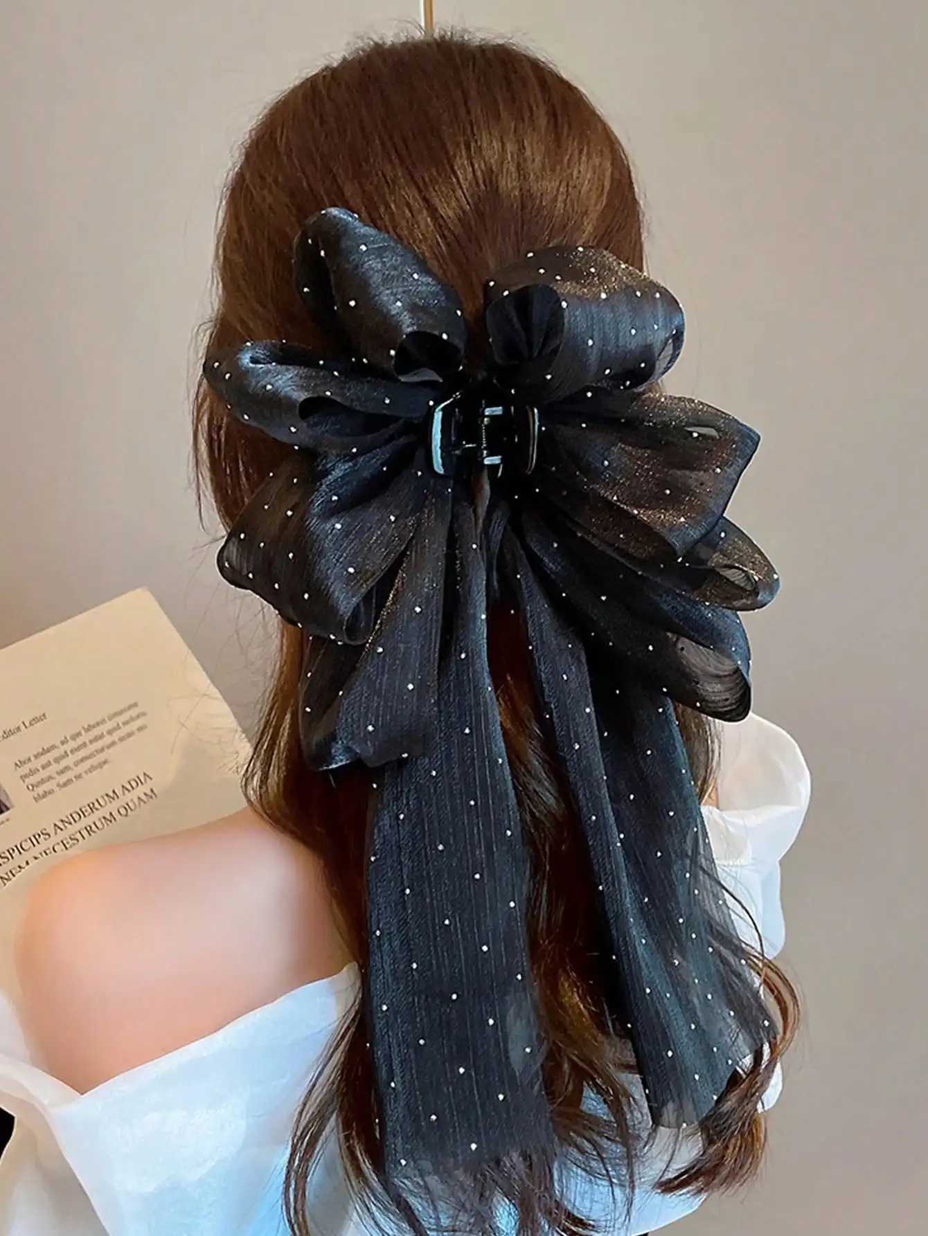 1 Pcs Fashion Solid Black Dot Long Ribbon Bow Hair Claws For Women Girls Party Hair Accessories Z250707