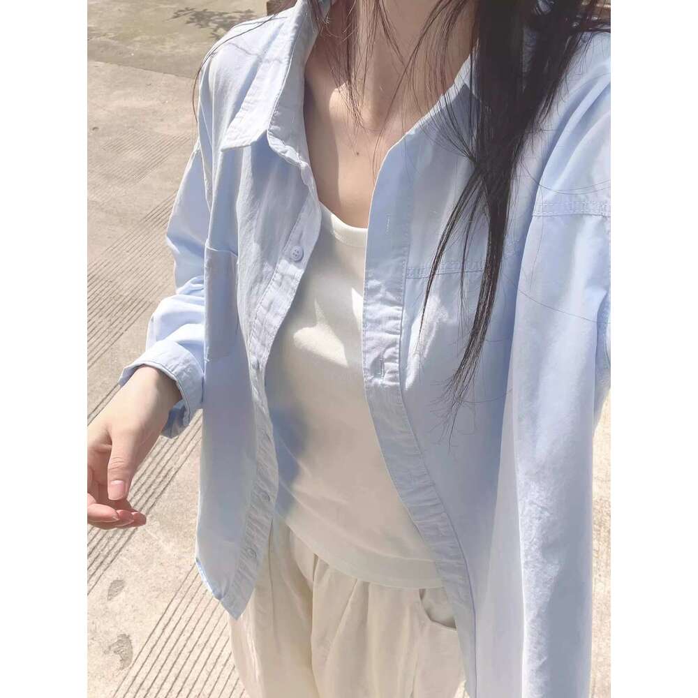 Spring New Korean Style Solid Blue Women, Loose Casual Long Sleeve Shirt For Inner And Outer Wear B5