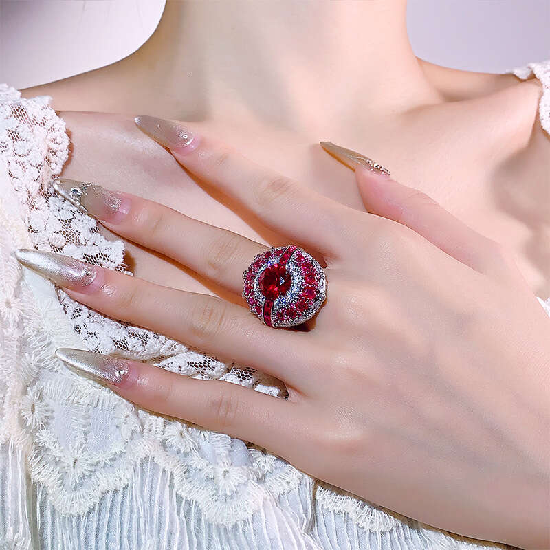 Autumn Winter New Jewelry Blue Topaz Red Corundum Cover Ring Light Luxury Open Women's Fashion Versatile C3f