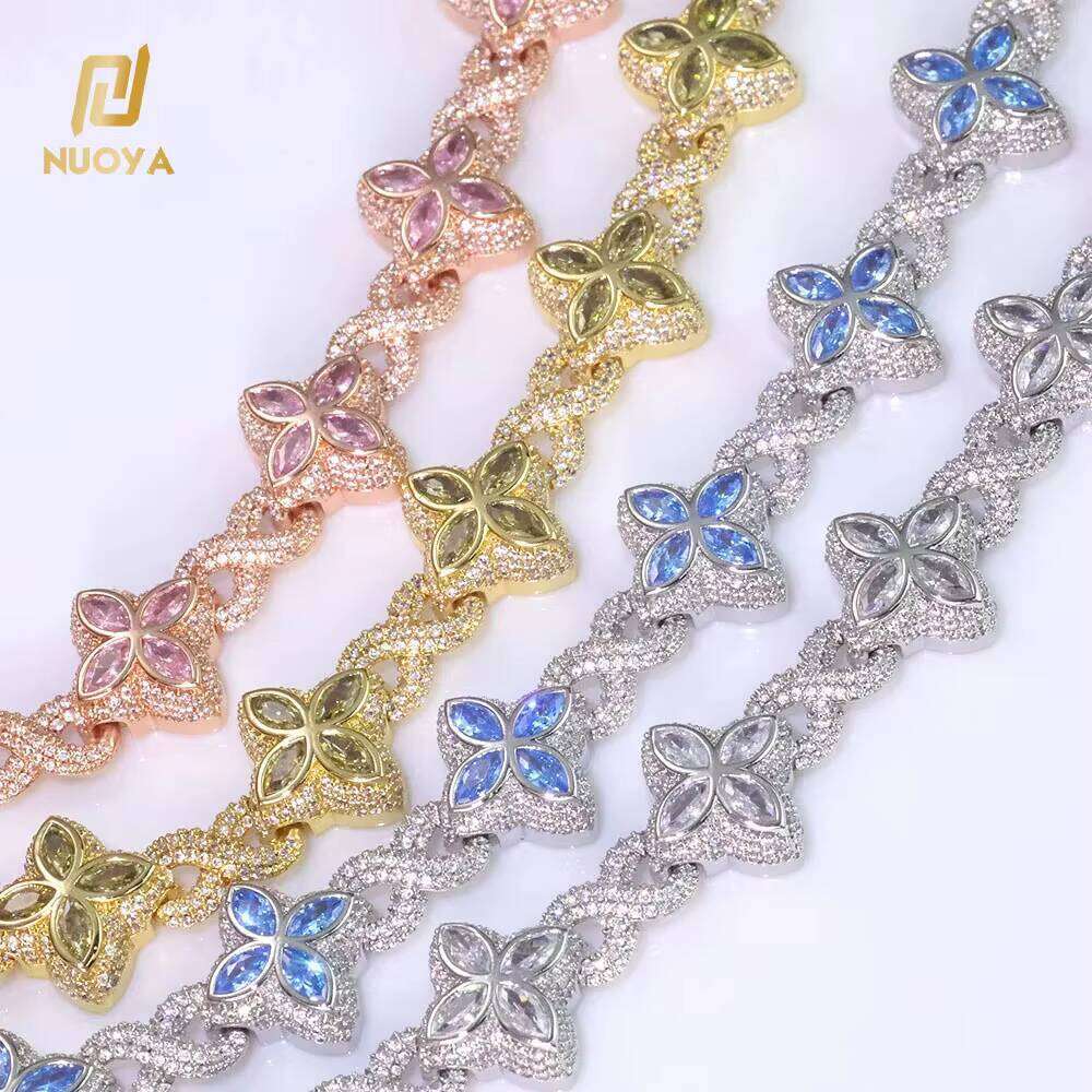 NUOYA Hip Hop Jewelry 8mm Colored Iced Out Dia Flower Infinite Symbol Chain Four Leaf Clover Necklace for Men Women