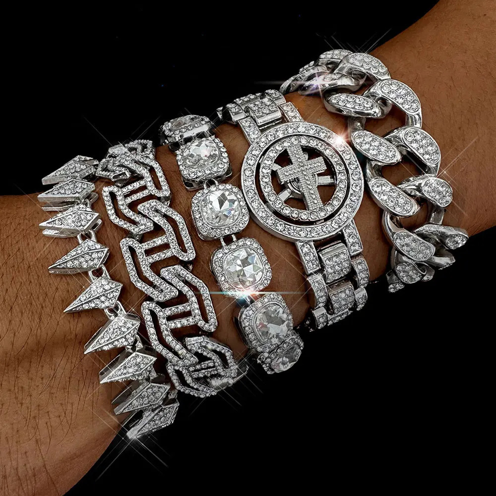 Hip Hop Shiny Cuban Link Chain Bracelet Women Men Gold Color Rhinestone Iced Out Bracelets Punk Wristband Jewelry Gift 250707